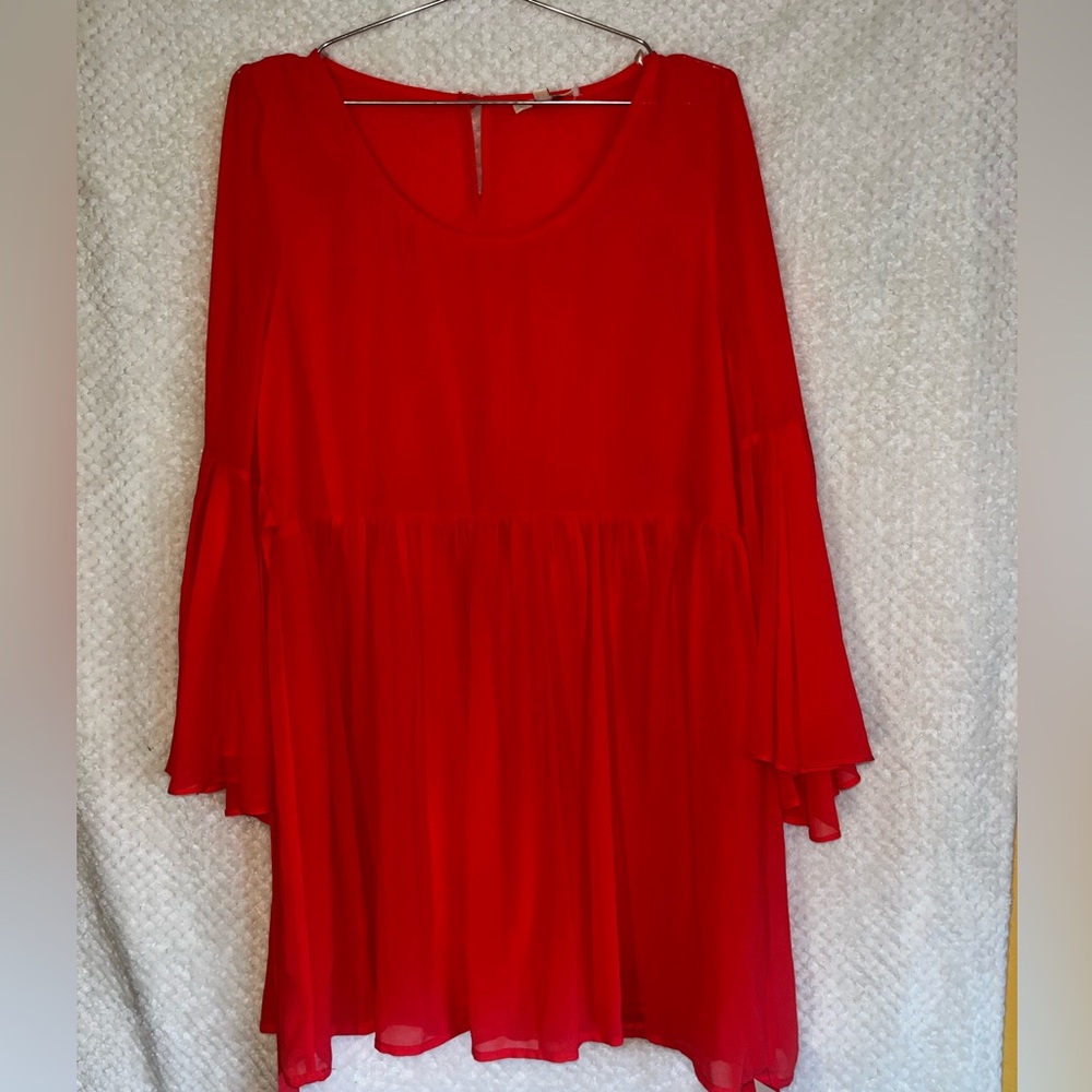 Umgee Dress Vibrant Coral Flowy Dress Bell Long Sleeves Flirty Sz Large NWT